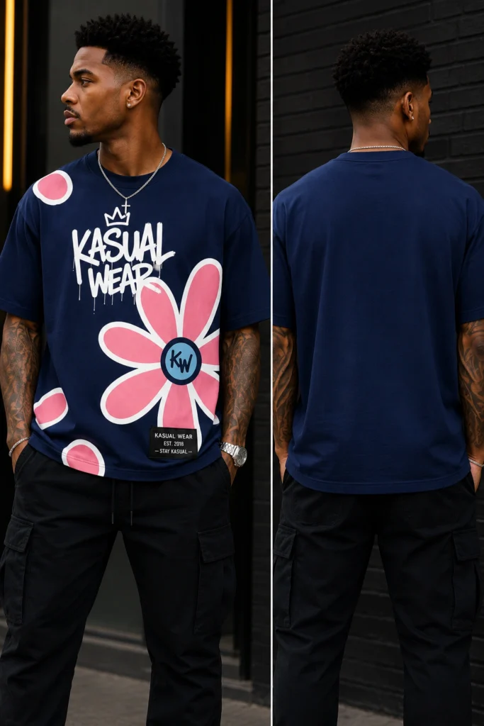 Man wearing floral graphic t-shirt, black pants.