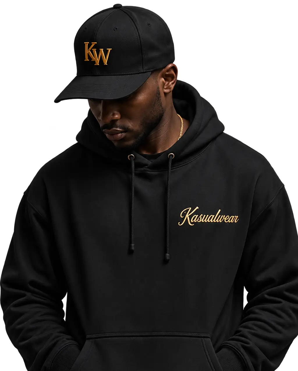 Man in black hoodie and cap.