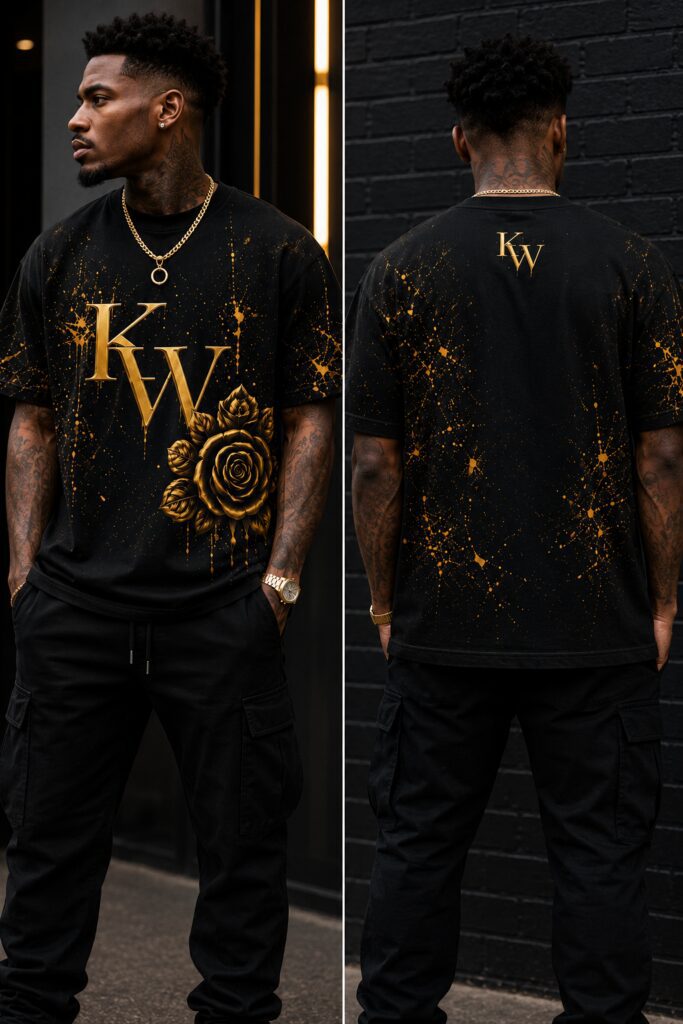 Man modeling black and gold graphic t-shirt.