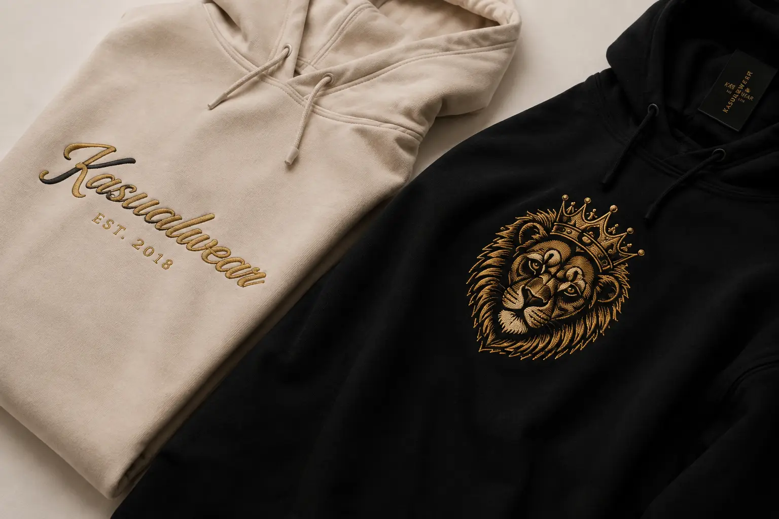 Two hoodies, one logo, one lion design.