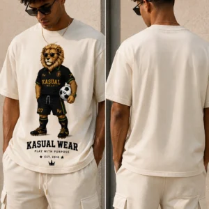 Man modeling Kasual Wear lion t-shirt.