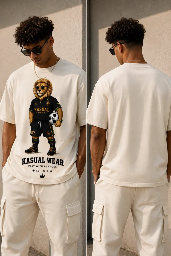 Man modeling Kasual Wear lion t-shirt.